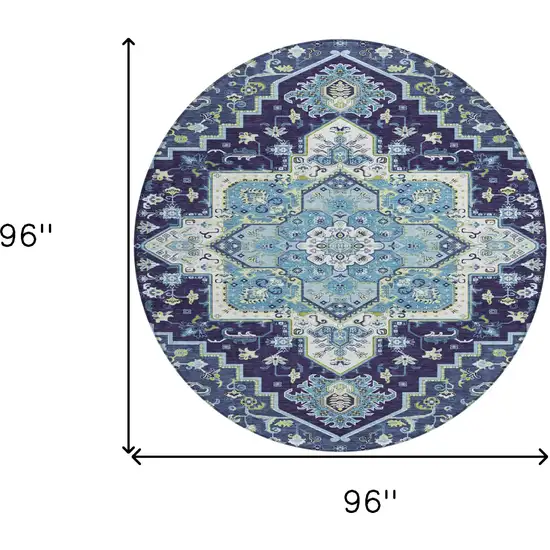 8' Navy Blue Ivory And Black Round Oriental Washable Indoor Outdoor Area Rug Photo 3