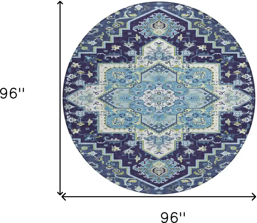 8' Navy Blue Ivory And Black Round Oriental Washable Indoor Outdoor Area Rug Photo 3