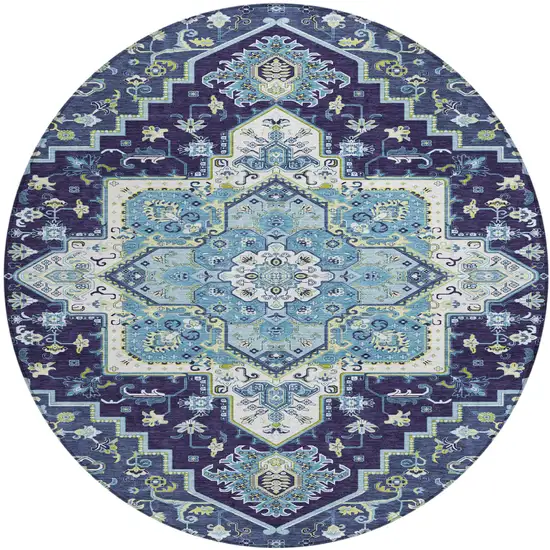 8' Navy Blue Ivory And Black Round Oriental Washable Indoor Outdoor Area Rug Photo 2