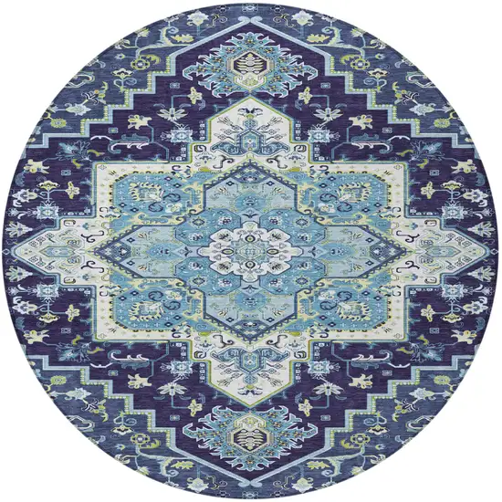 8' Navy Blue Ivory And Black Round Oriental Washable Indoor Outdoor Area Rug Photo 6