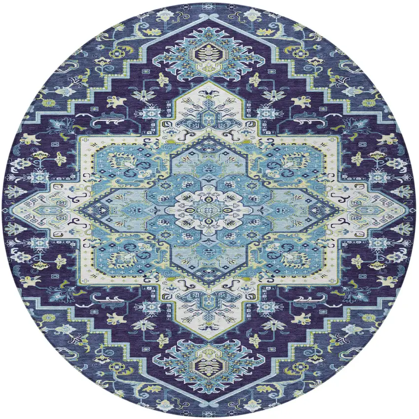 8' Navy Blue Ivory And Black Round Oriental Washable Indoor Outdoor Area Rug Photo 6
