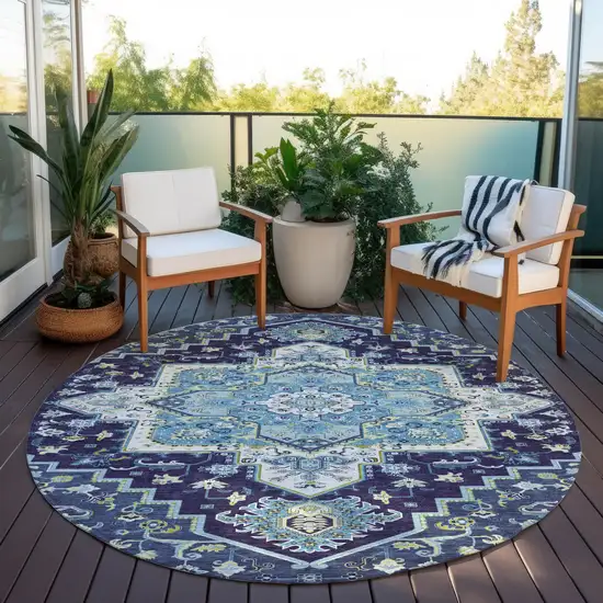 8' Navy Blue Ivory And Black Round Oriental Washable Indoor Outdoor Area Rug Photo 7