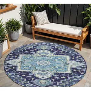 Photo of 8' Navy Blue Ivory And Black Round Oriental Washable Indoor Outdoor Area Rug