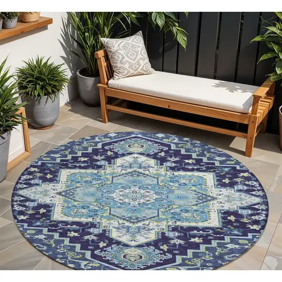 8' Navy Blue Ivory And Black Round Oriental Washable Indoor Outdoor Area Rug Photo 1