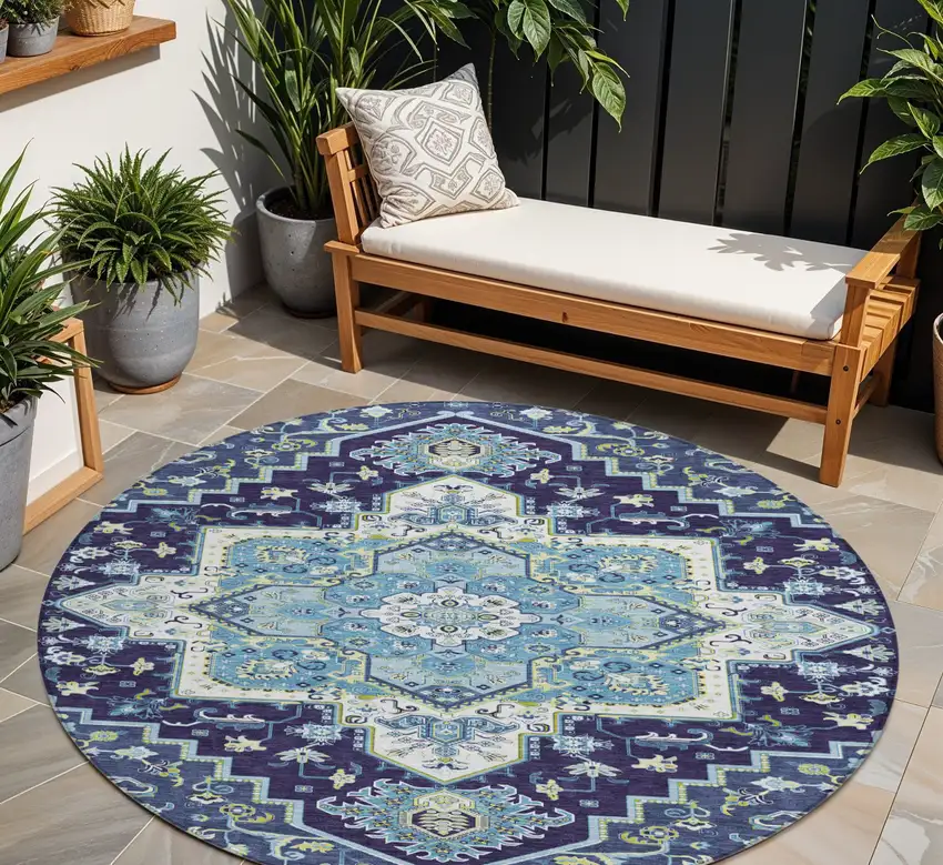 8' Navy Blue Ivory And Black Round Oriental Washable Indoor Outdoor Area Rug Photo 1