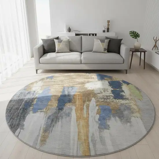 8' Navy Blue Ivory And Brown Abstract Washable Round Rug With UV Protection Photo 2