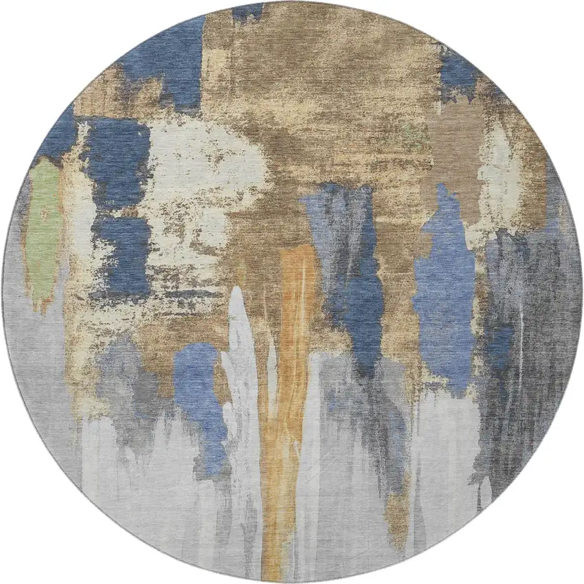 8' Navy Blue Ivory And Brown Abstract Washable Round Rug With UV Protection Photo 4
