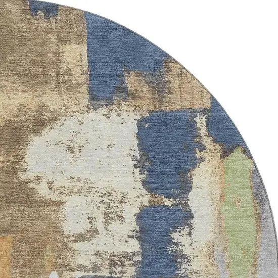 8' Navy Blue Ivory And Brown Abstract Washable Round Rug With UV Protection Photo 3