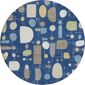 Photo of 8' Navy Blue Ivory And Brown Round Geometric Washable Indoor Outdoor Area Rug