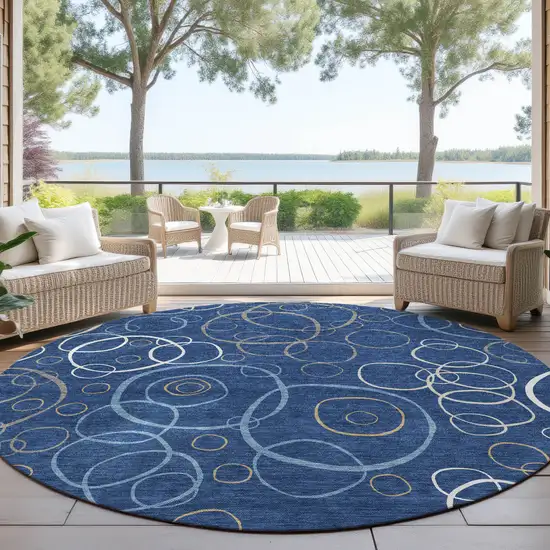 8' Navy Blue Ivory And Brown Round Geometric Washable Indoor Outdoor Area Rug Photo 4