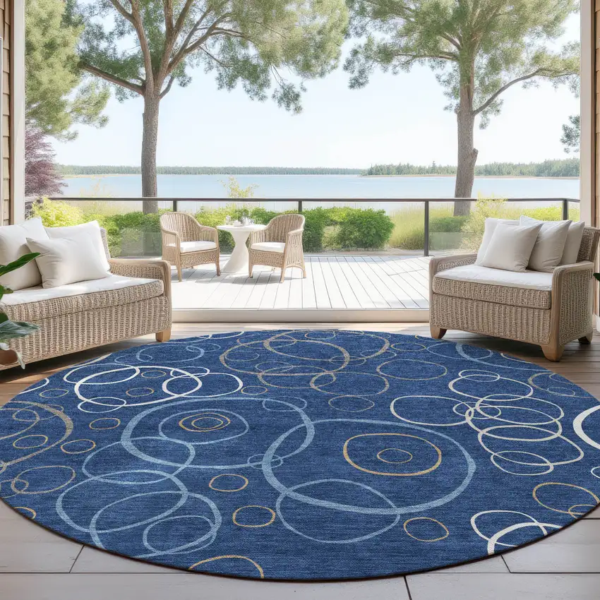 8' Navy Blue Ivory And Brown Round Geometric Washable Indoor Outdoor Area Rug Photo 4