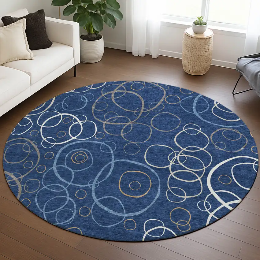 8' Navy Blue Ivory And Brown Round Geometric Washable Indoor Outdoor Area Rug Photo 5