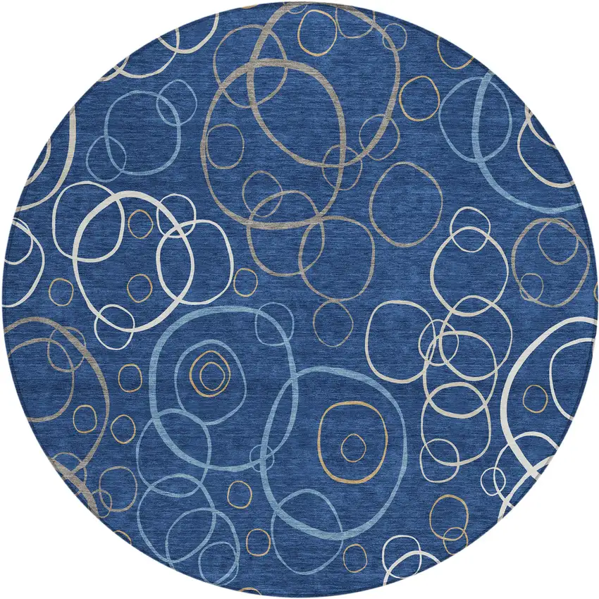 8' Navy Blue Ivory And Brown Round Geometric Washable Indoor Outdoor Area Rug Photo 1