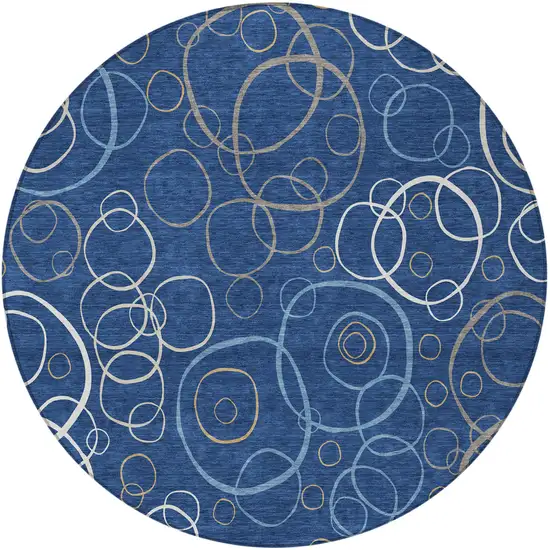 8' Navy Blue Ivory And Brown Round Geometric Washable Indoor Outdoor Area Rug Photo 3