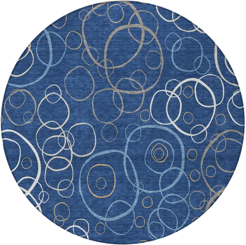 8' Navy Blue Ivory And Brown Round Geometric Washable Indoor Outdoor Area Rug Photo 3