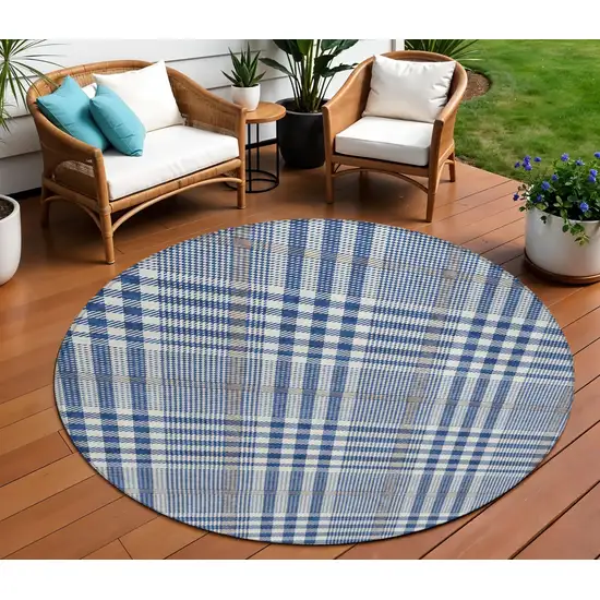 8' Navy Blue Ivory And Brown Round Plaid Washable Indoor Outdoor Area Rug Photo 1