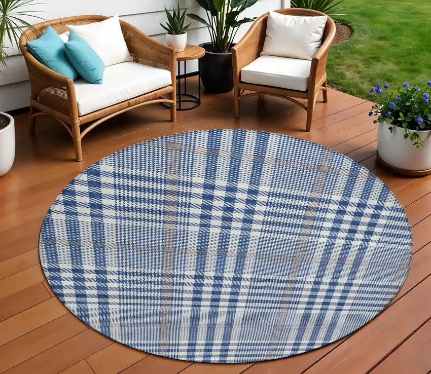 8' Navy Blue Ivory And Brown Round Plaid Washable Indoor Outdoor Area Rug Photo 1
