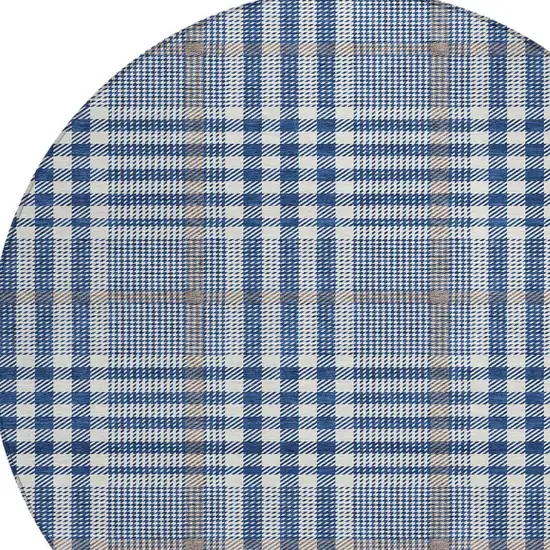 8' Navy Blue Ivory And Brown Round Plaid Washable Indoor Outdoor Area Rug Photo 5
