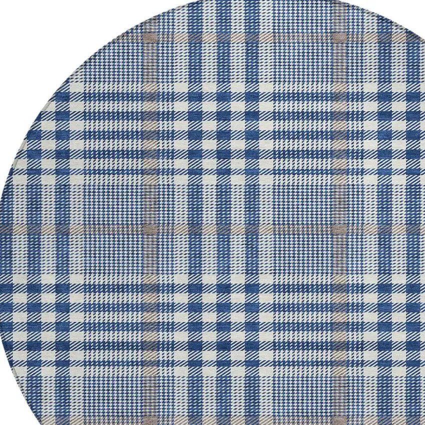 8' Navy Blue Ivory And Brown Round Plaid Washable Indoor Outdoor Area Rug Photo 5