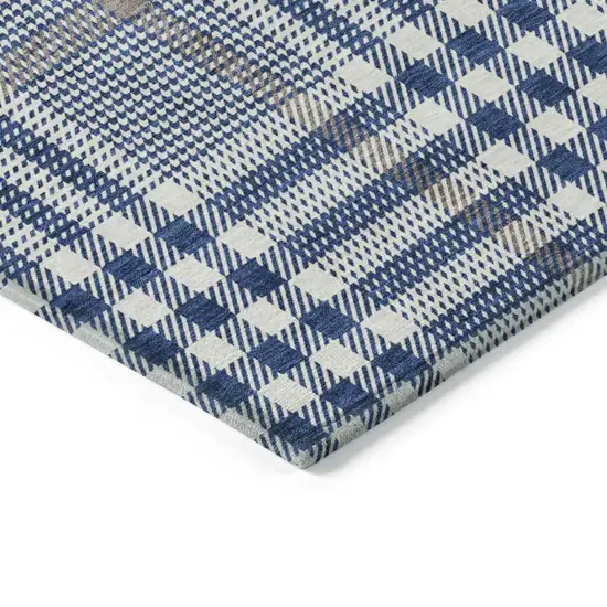 8' Navy Blue Ivory And Brown Round Plaid Washable Indoor Outdoor Area Rug Photo 4