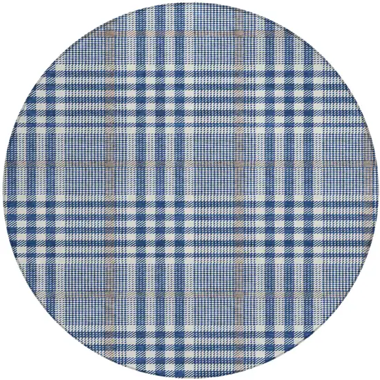 8' Navy Blue Ivory And Brown Round Plaid Washable Indoor Outdoor Area Rug Photo 2