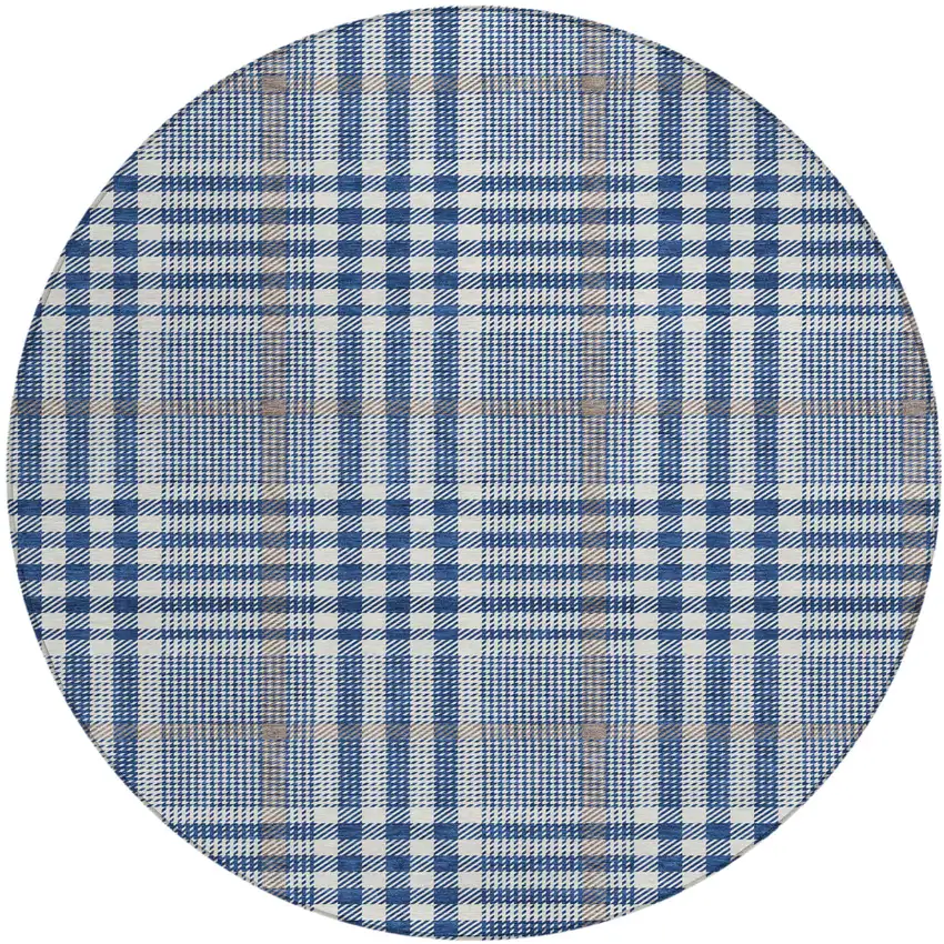 8' Navy Blue Ivory And Brown Round Plaid Washable Indoor Outdoor Area Rug Photo 2