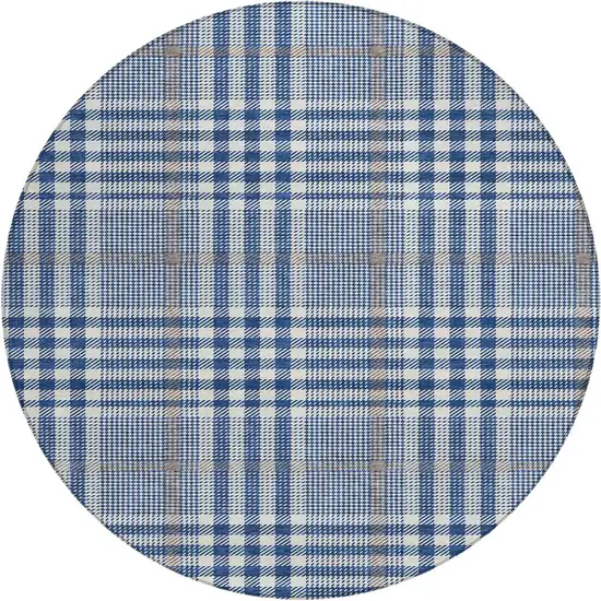 8' Navy Blue Ivory And Brown Round Plaid Washable Indoor Outdoor Area Rug Photo 6