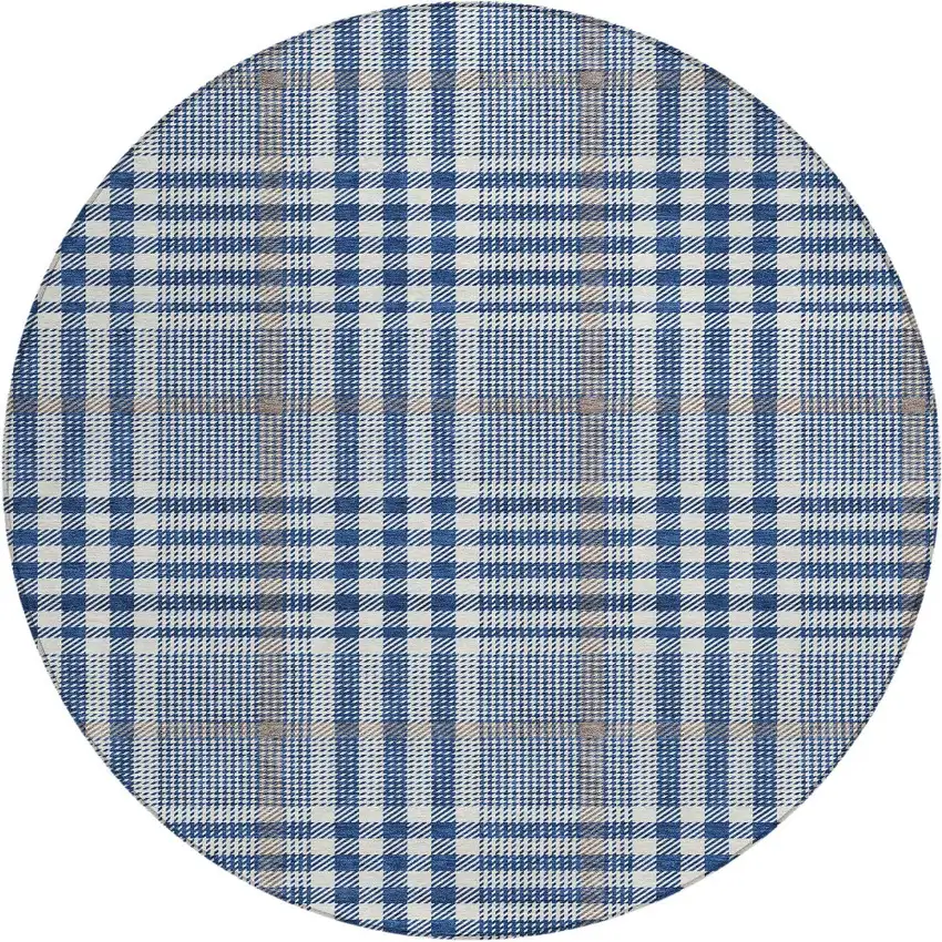8' Navy Blue Ivory And Brown Round Plaid Washable Indoor Outdoor Area Rug Photo 6