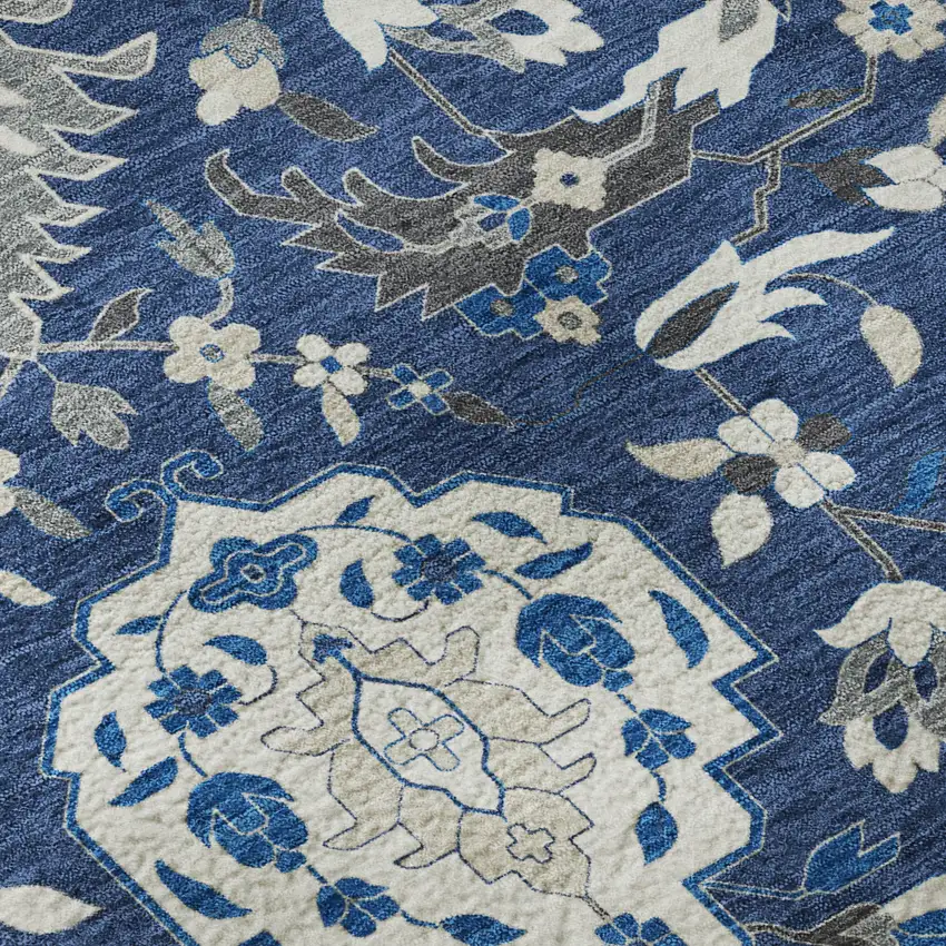 8' Navy Blue Ivory And Charcoal Damask Washable Round Rug With UV Protection Photo 8