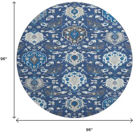 8' Navy Blue Ivory And Charcoal Damask Washable Round Rug With UV Protection Photo 9