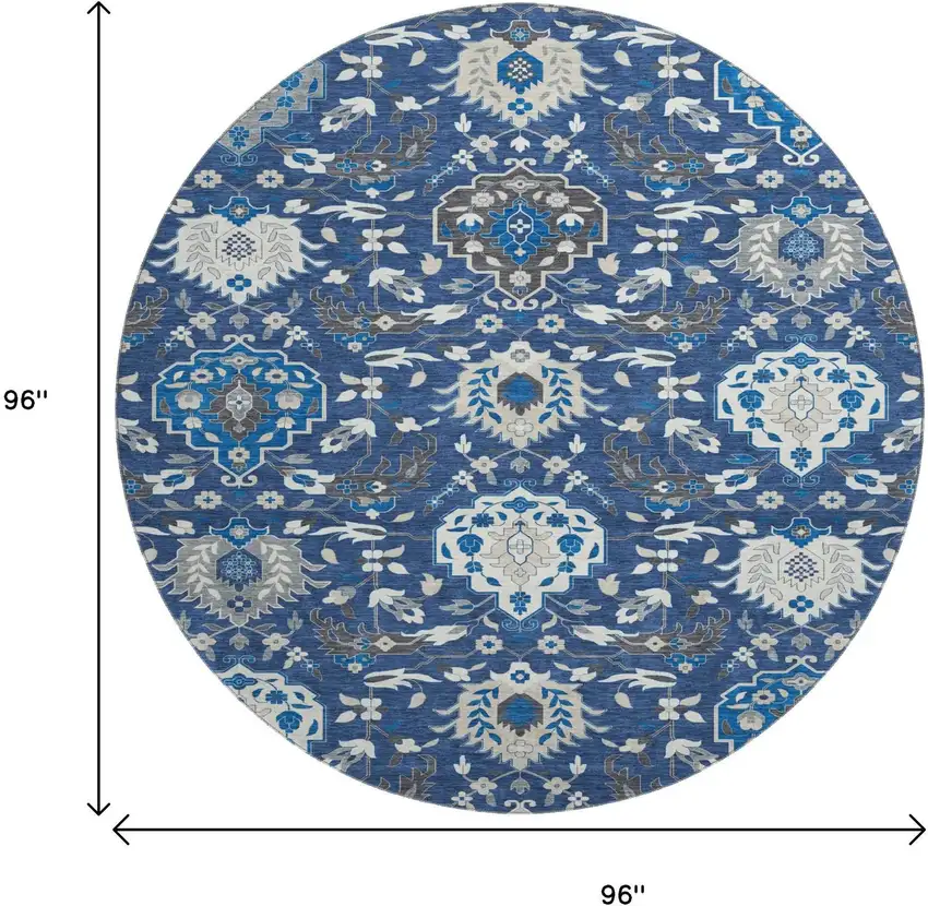 8' Navy Blue Ivory And Charcoal Damask Washable Round Rug With UV Protection Photo 9