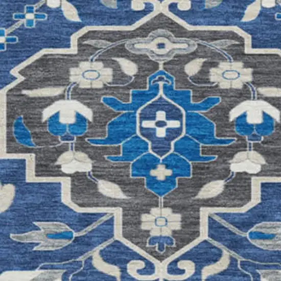 8' Navy Blue Ivory And Charcoal Damask Washable Round Rug With UV Protection Photo 3