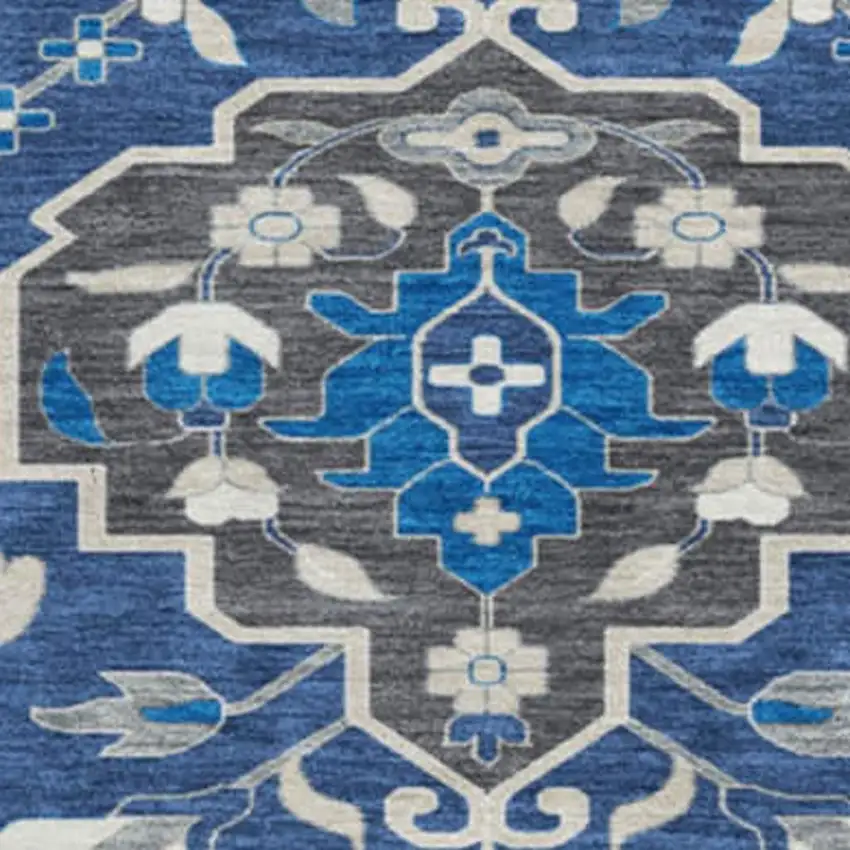 8' Navy Blue Ivory And Charcoal Damask Washable Round Rug With UV Protection Photo 3