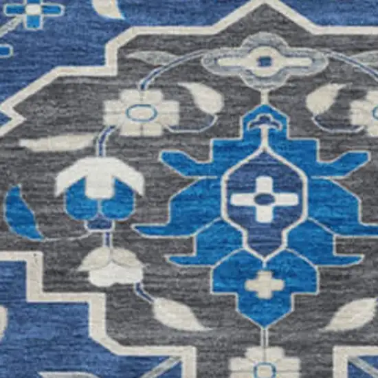 8' Navy Blue Ivory And Charcoal Damask Washable Round Rug With UV Protection Photo 2