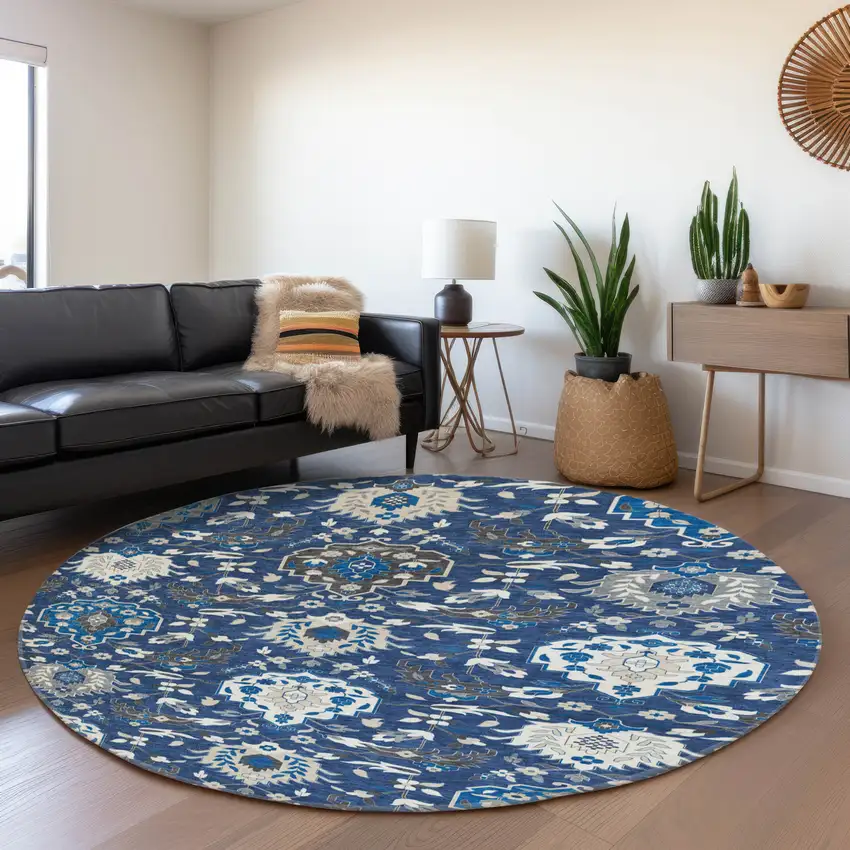 8' Navy Blue Ivory And Charcoal Damask Washable Round Rug With UV Protection Photo 4