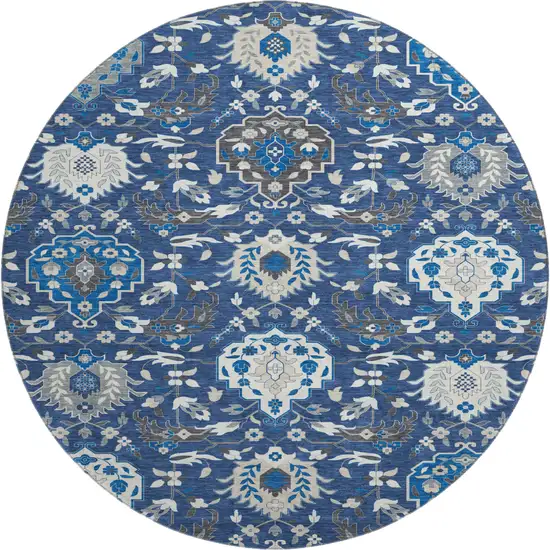 8' Navy Blue Ivory And Charcoal Damask Washable Round Rug With UV Protection Photo 1