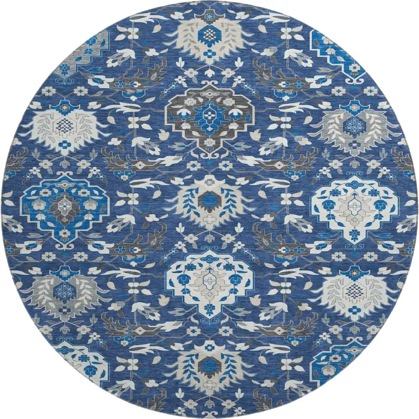 8' Navy Blue Ivory And Charcoal Damask Washable Round Rug With UV Protection Photo 1
