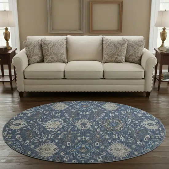 8' Navy Blue Ivory And Charcoal Damask Washable Round Rug With UV Protection Photo 1