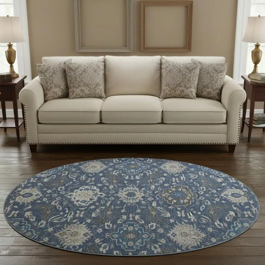8' Navy Blue Ivory And Charcoal Damask Washable Round Rug With UV Protection Photo 1