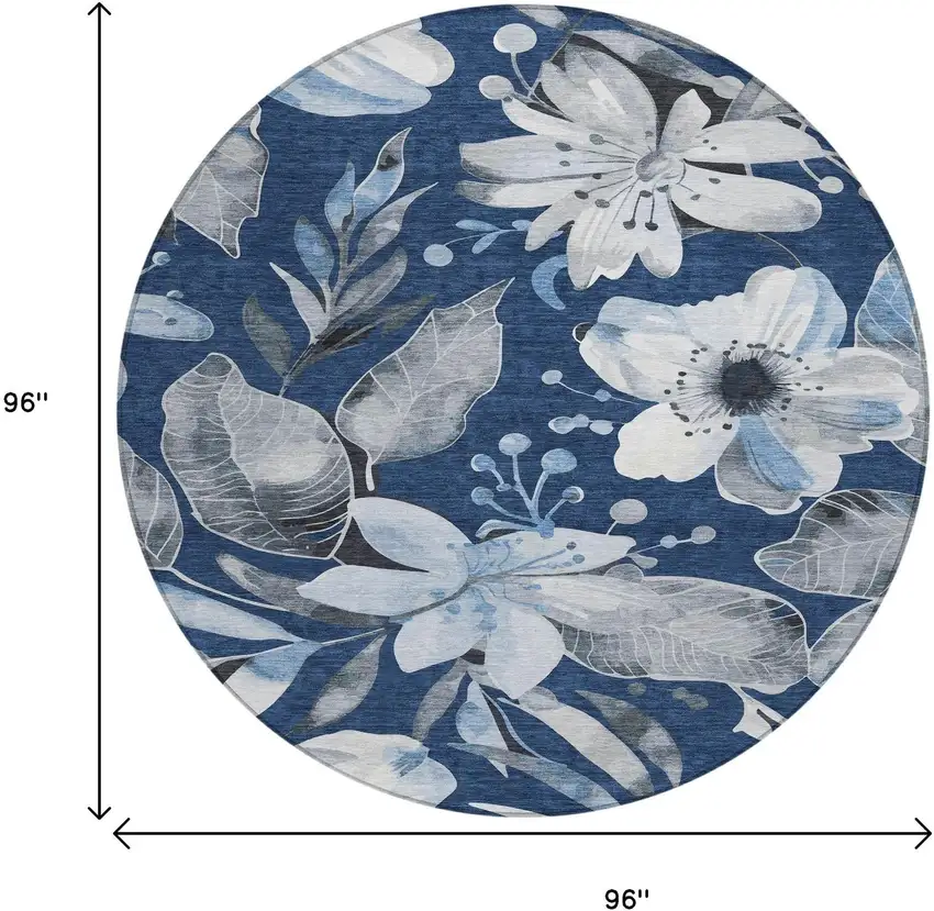 8' Navy Blue Ivory And Charcoal Round Floral Washable Indoor Outdoor Area Rug Photo 3