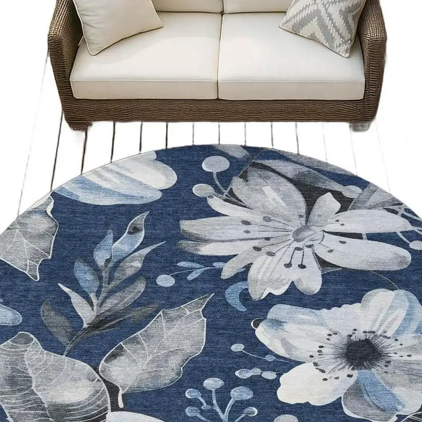 8' Navy Blue Ivory And Charcoal Round Floral Washable Indoor Outdoor Area Rug Photo 6