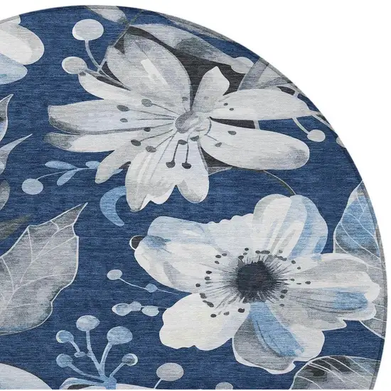 8' Navy Blue Ivory And Charcoal Round Floral Washable Indoor Outdoor Area Rug Photo 5
