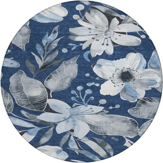 8' Navy Blue Ivory And Charcoal Round Floral Washable Indoor Outdoor Area Rug Photo 2