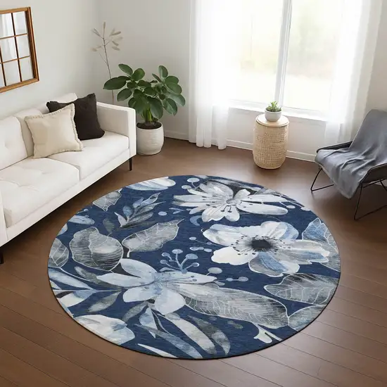 8' Navy Blue Ivory And Charcoal Round Floral Washable Indoor Outdoor Area Rug Photo 9