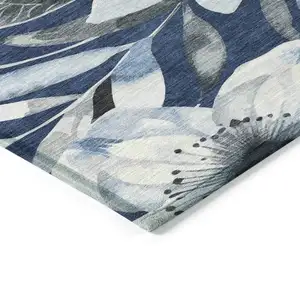 Photo of 8' Navy Blue Ivory And Charcoal Round Floral Washable Indoor Outdoor Area Rug