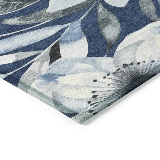 8' Navy Blue Ivory And Charcoal Round Floral Washable Indoor Outdoor Area Rug Photo 4