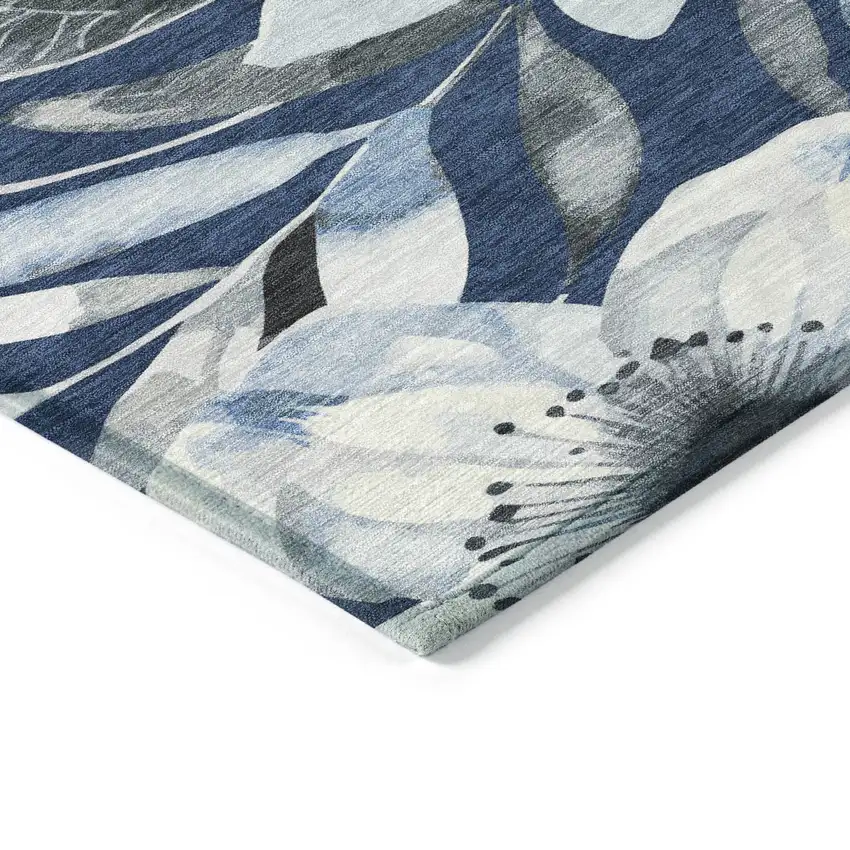 8' Navy Blue Ivory And Charcoal Round Floral Washable Indoor Outdoor Area Rug Photo 4