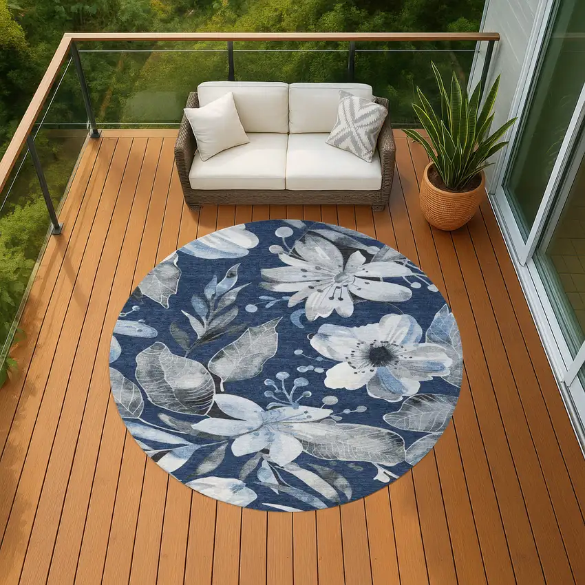 8' Navy Blue Ivory And Charcoal Round Floral Washable Indoor Outdoor Area Rug Photo 9