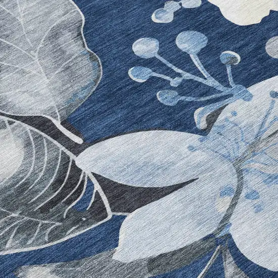 8' Navy Blue Ivory And Charcoal Round Floral Washable Indoor Outdoor Area Rug Photo 8