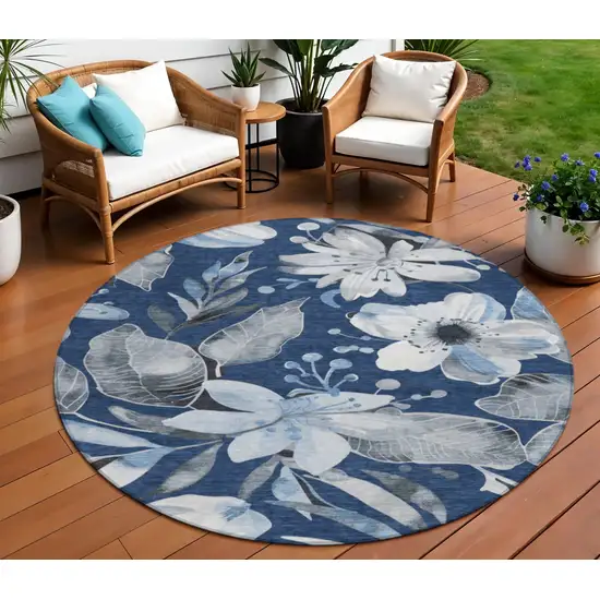 8' Navy Blue Ivory And Charcoal Round Floral Washable Indoor Outdoor Area Rug Photo 1